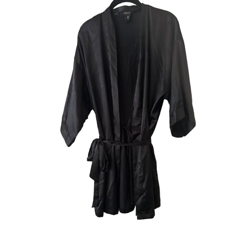 Victorias Secret Black Satin Robe Wasit Tie Size Medium / Large